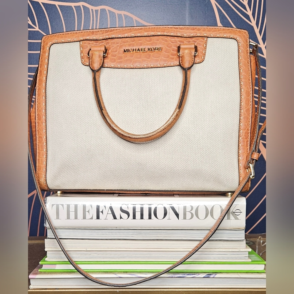 MICHAEL KORS VINTAGE SELMA TAN CANVAS AND CAMEL EMBOSSED LEATHER  TOTE